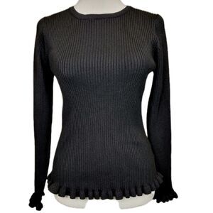 Grace Karma Sweater Womens Medium Black Ribbed Ruffle Hem Preppy Academia
